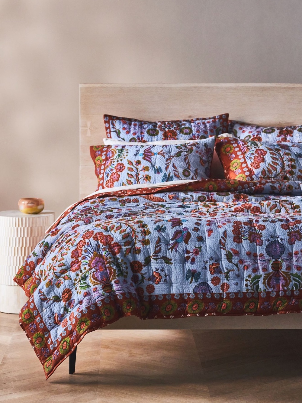 Anthropologie Floral Quilted Bedspread Set in Blue and Rust
